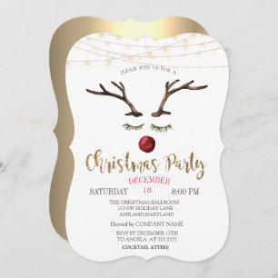 Invitation Reindeder Face, String Lights Gold Christmas Compa