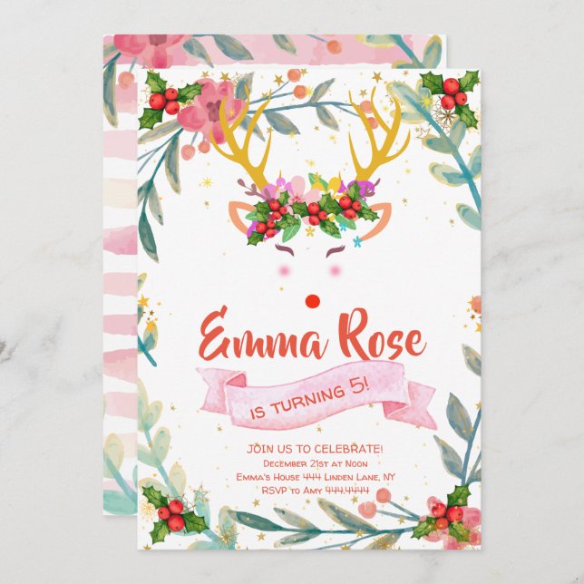 Invitation Reindeer Fille Noël Anniversaire (Devant / Derrière)