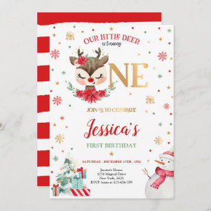Invitation Reindeer Noël 1er anniversaire Red Winter Deer