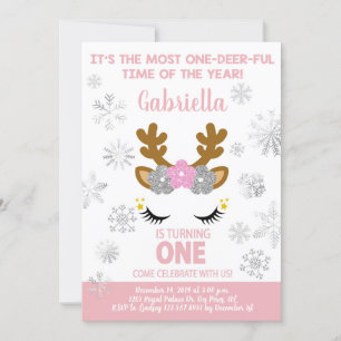 Invitation Reindeer Noël Winte fille 1er anniversaire invitat