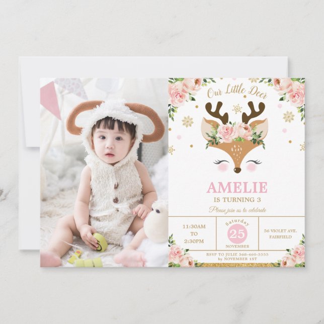 Invitation Reindeer Winter Gold Snowflakes Photo Anniversaire (Devant)