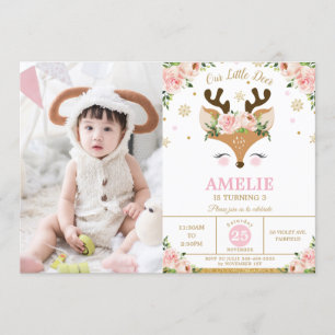 Invitation Reindeer Winter Gold Snowflakes Photo Anniversaire