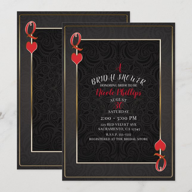 Invitation Reine de coeur noir et rouge douche de mariage (Devant / Derrière)