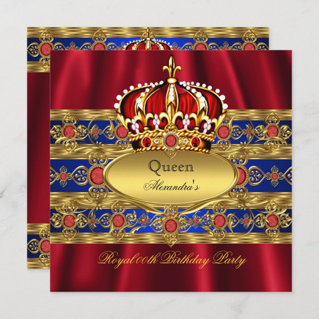 Invitation Reine King Prince Royal Blue Regal Red Crown 2 (Devant / Derrière)