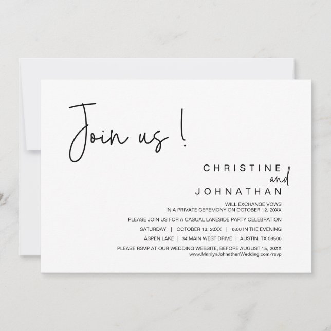 Invitation Rejoignez-Nous, Dîner Mariage Elopement, Fête, Dan (Devant)