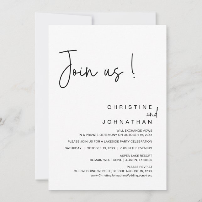 Invitation Rejoignez-Nous, Dîner Mariage Elopement, Fête, Dan (Devant)