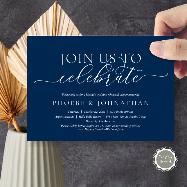 Invitation Rejoignez-Nous Pour Célébrer, Dîner De Répétition  (Join Us To Celebrate, Romantic Wedding Rehearsal Dinner Invitation Card, PDF, in Navy Blue)