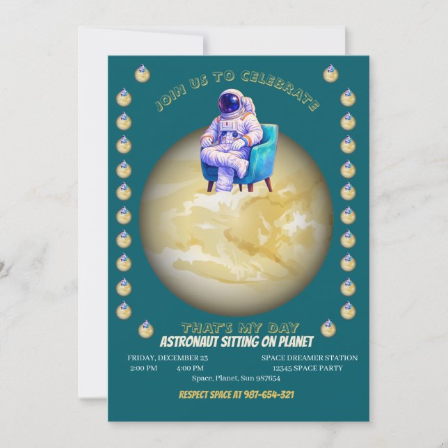 Invitation Relaxed Astronaut Sitting on Planet (Devant)