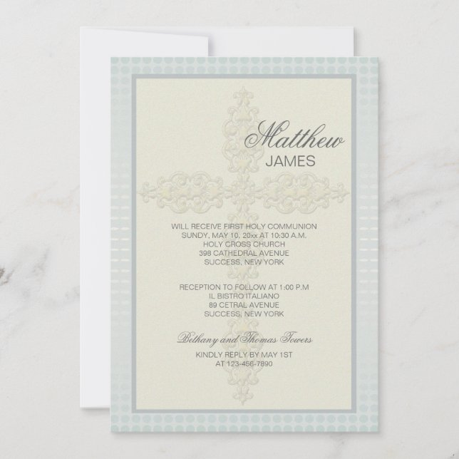 Invitation religieuse croisée complexe (gris-bleu) (Devant)