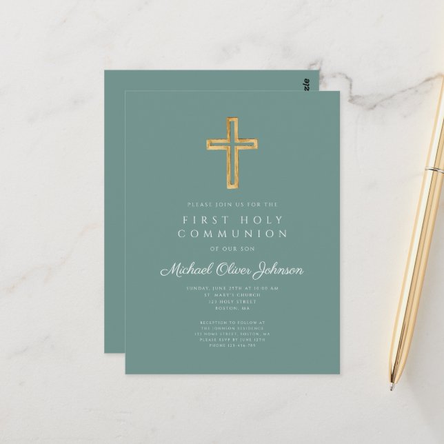 Invitation religieuse Green Boy First Communion (Devant/Arrière en situation)