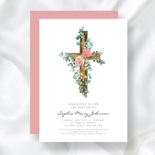 Invitation Religieux Croix rose florale fille Baptême (Religious Cross Pink Floral Girl Baptism Invitation)