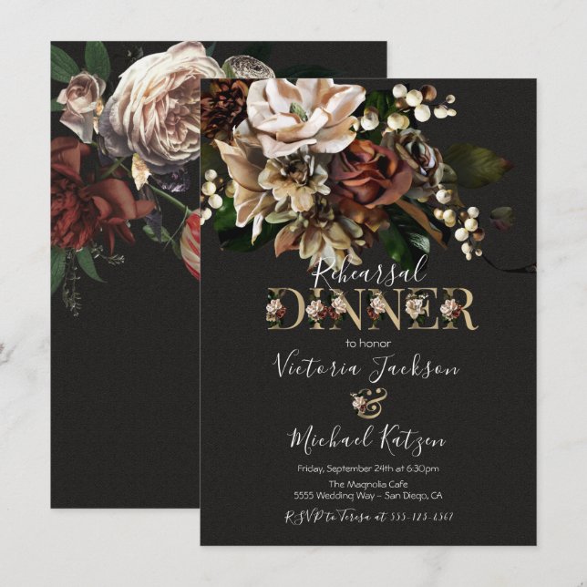 Invitation Rembrandt Floral Dark & Moody Reply Dinner (Devant / Derrière)