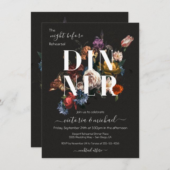 Invitation Rembrandt Floral Dark & Moody Reply Dinner (Devant / Derrière)