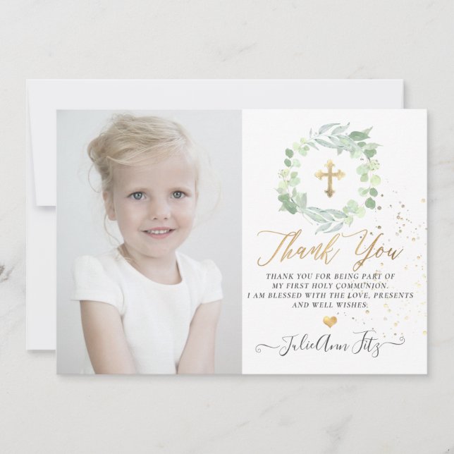 Invitation Remerciement de communion pastel eucalyptus aquare (Devant)