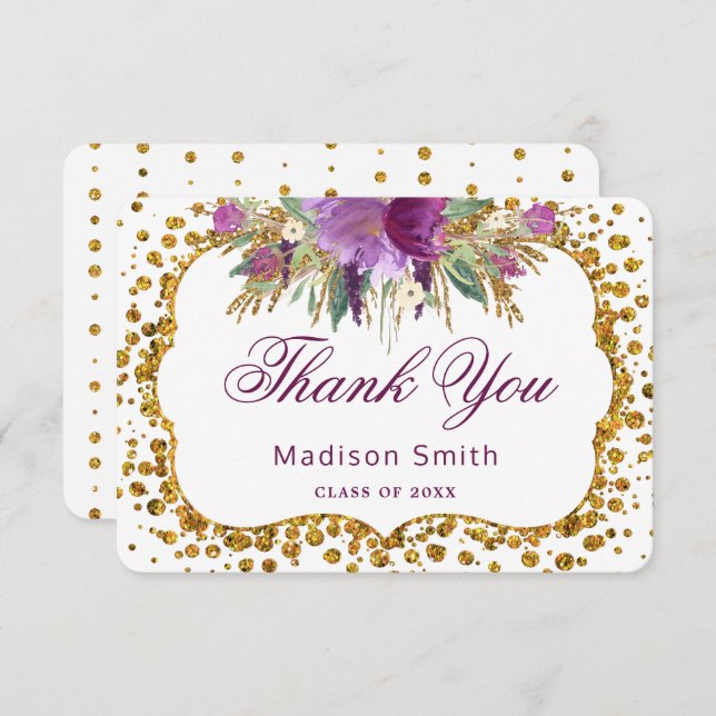 Invitation Remerciement de fin d'études Fleurs dorées Paillet (Devant / Derrière)