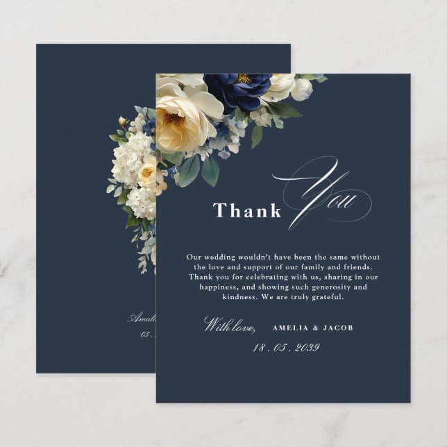 Invitation Remerciement de mariage aux fleurs bleues marine e (Devant / Derrière)