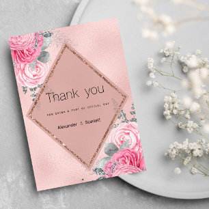 Invitation Remerciement floral de pivoine rose poudré et pail