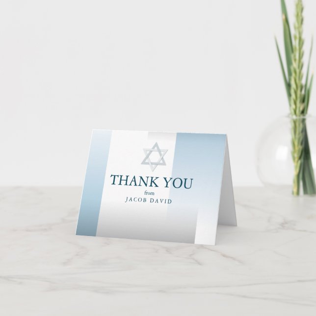Invitation Remerciements | Barre argentée et bleu Mitzvah (Devant)