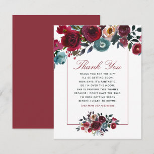 Invitation Remerciements de Baby Shower boho chic bordeaux et