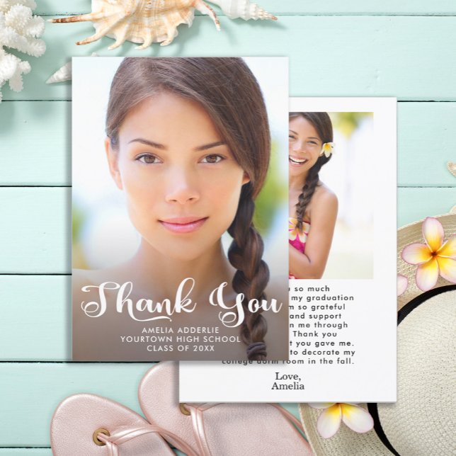 Invitation Remerciements de diplômé Script Mignon 2 Photo  (2-sided, 2-photo graduation "Thank you" card)