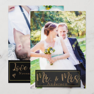 Invitation Remerciements de mariage de M. et Mme Black & Gold