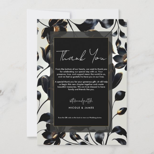 Invitation Remerciements de mariage floral noir et or Greige (Devant)