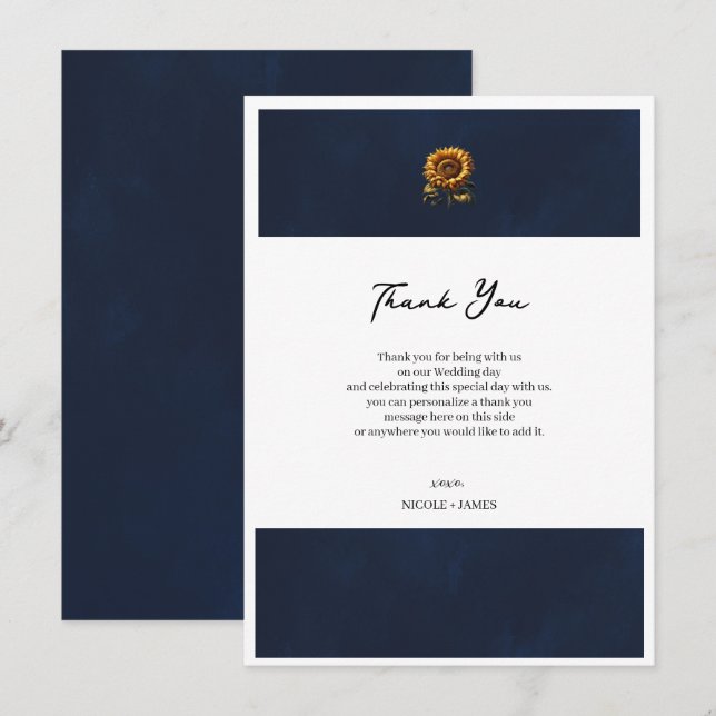 Invitation Remerciements de mariage Tournesol Rustique Bleu (Devant / Derrière)