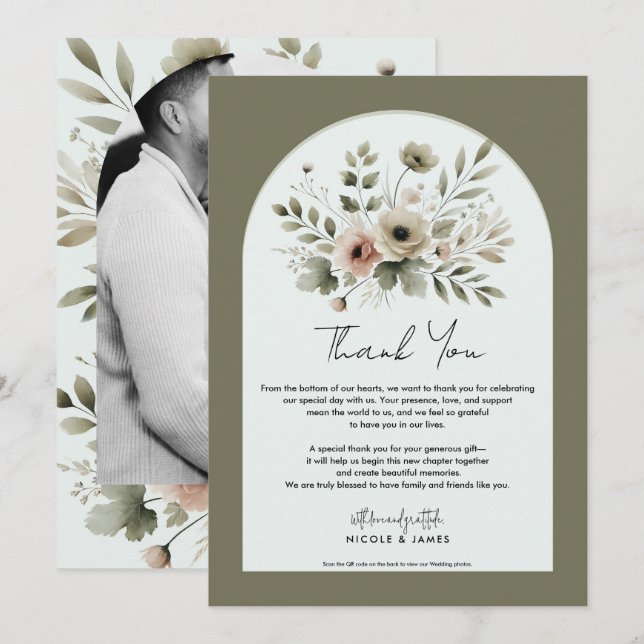 Invitation Remerciements Floraux Aquarelle Vert Olive Kaki (Devant / Derrière)