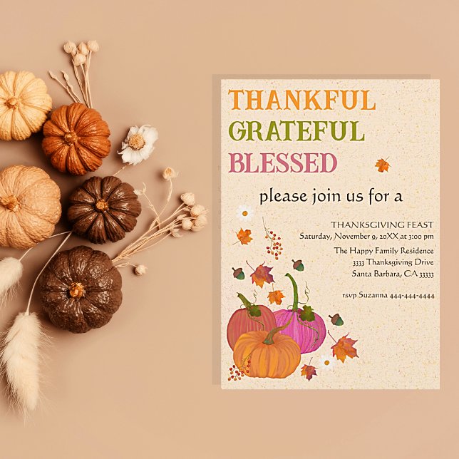 Invitation Remerciements La Chute des Citrouilles bénis (Thanksgiving dinner invitations pumpkins, thankful, grateful and blessed. Easy to personalize)