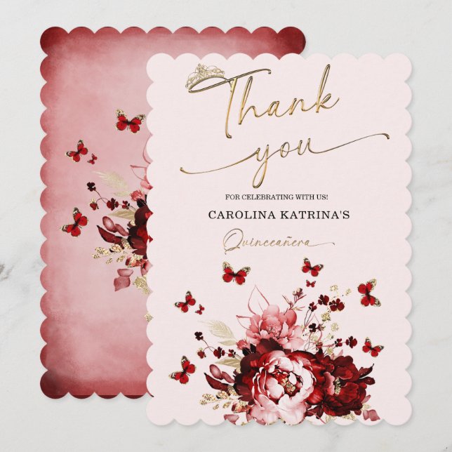 Invitation Remerciements pour Quinceanera Bourgogne et Or (Devant / Derrière)