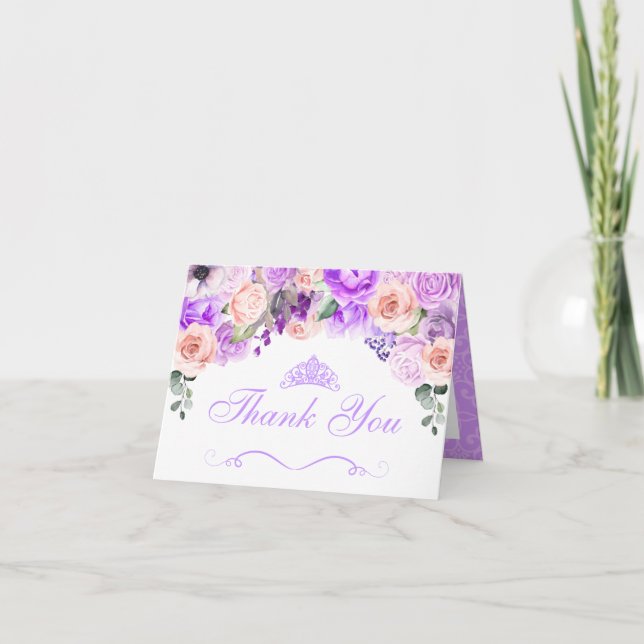 Invitation Remerciements pour Quinceanera Fleurs Rose et Viol (Devant)