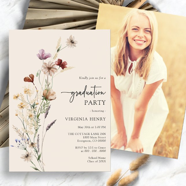 Invitation Remise de diplôme bohème (Boho Wildflower Photo Graduation Party Invitation by Painted Paperie
)