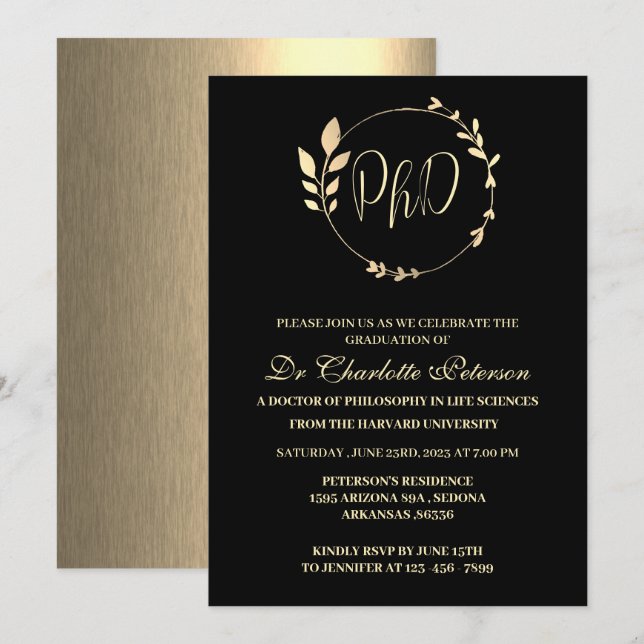 Invitation Remise de diplôme de doctorat Black & Gold PHD (Devant / Derrière)