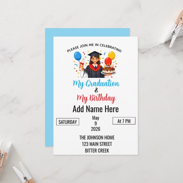 Invitation Remise de diplômes et anniversaire en combo (Devant/Arrière en situation)