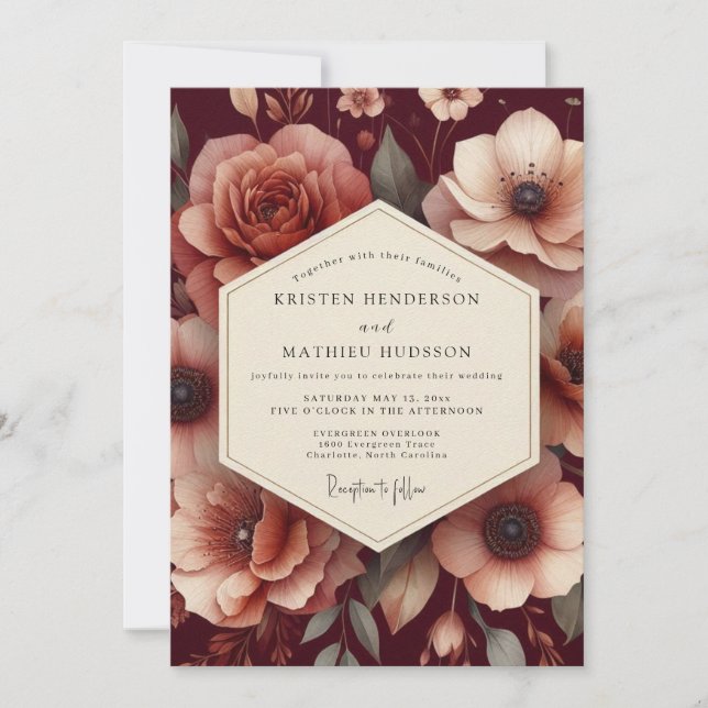 Invitation Renaissance Bourgeonnante Mariage Rouge-Brun (Devant)