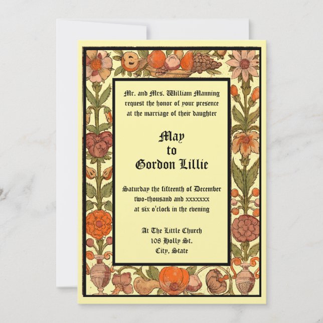Invitation Renaissance Era Fruit & Floral Woodcut Wedding (Devant)