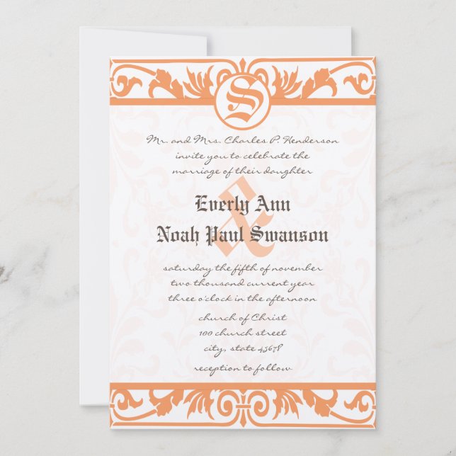 Invitation Renaissance Médiévale Corail Damassé Gris Mariage  (Devant)