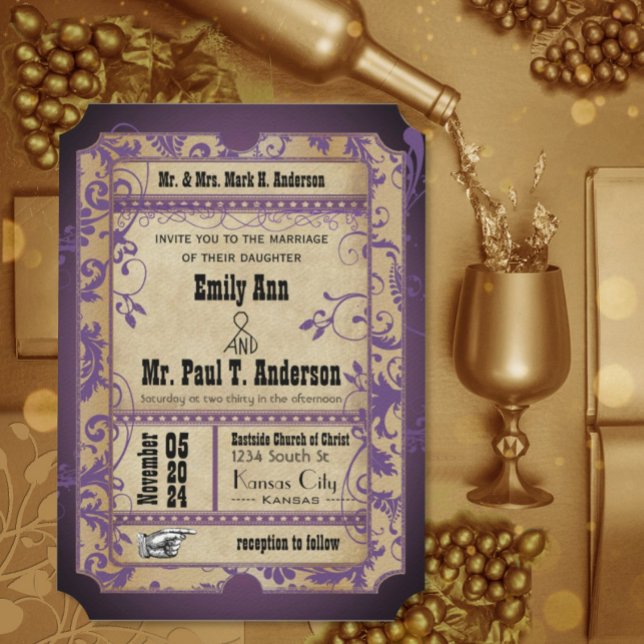 Invitation Renaissance Médiévale Ticket Mariage Violet (Créateur téléchargé)