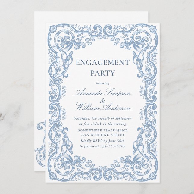 Invitation Renaissance Ornate Dusty Blue ENGAGEMENT PARTI (Devant / Derrière)