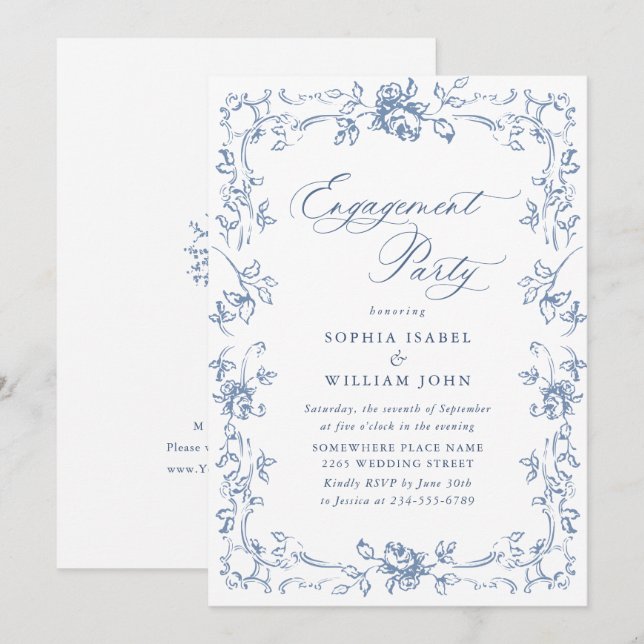 Invitation Renaissance Ornate Dusty Blue ENGAGEMENT PARTI (Devant / Derrière)