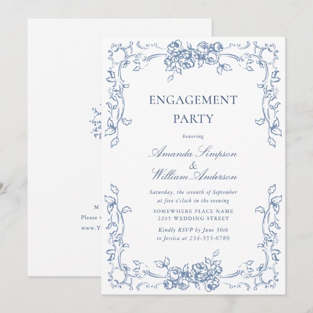 Invitation Renaissance Ornate Dusty Blue ENGAGEMENT PARTI (Devant / Derrière)