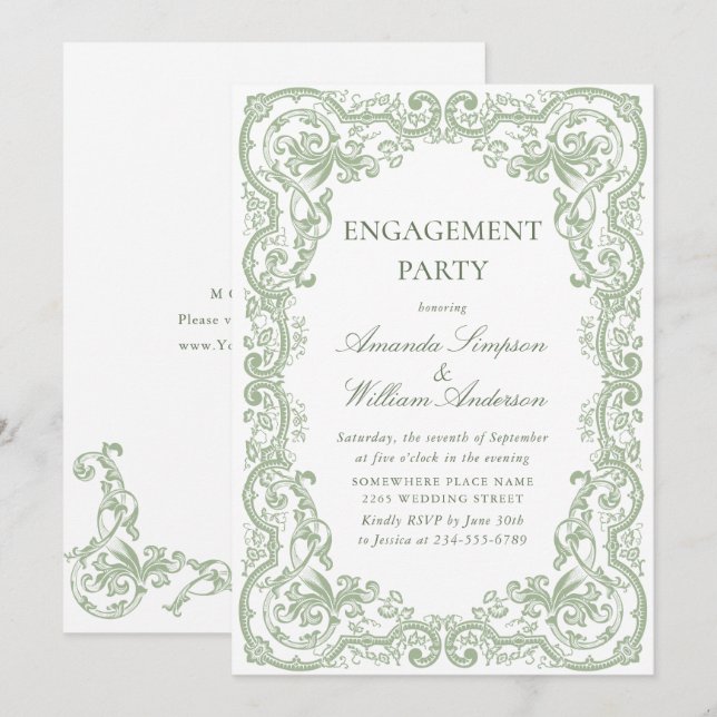 Invitation Renaissance Ornate sage Green ENGAGEMENT PARTY (Devant / Derrière)