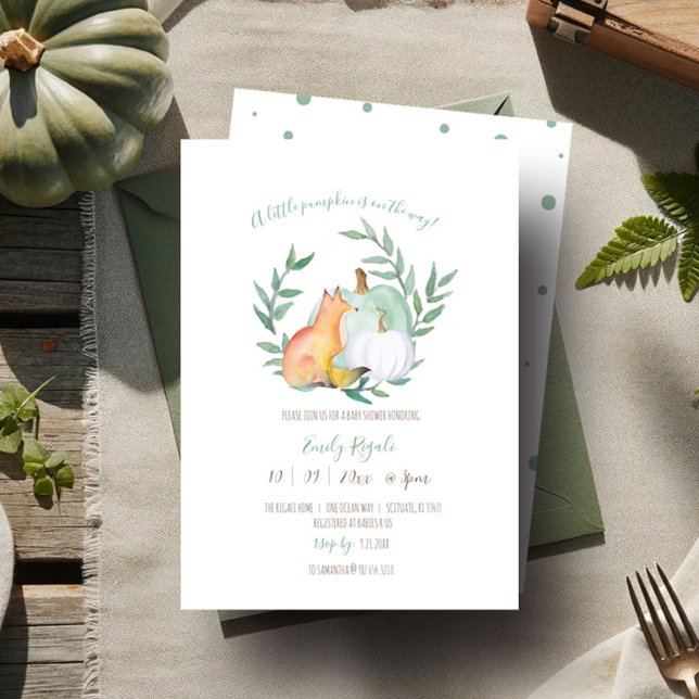 Invitation Renard à thème automne et Baby shower Citrouille (Gender neutral baby shower invitations fall woodland fox green and what pumpkin greenery watercolor)