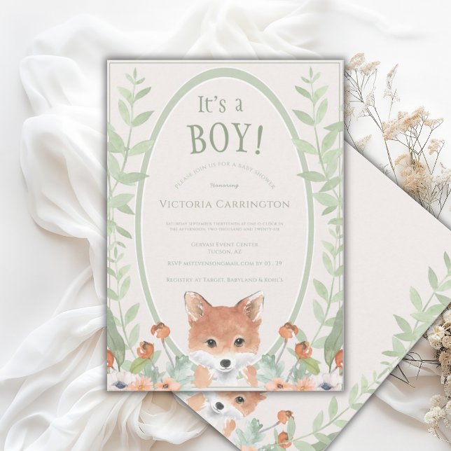 Invitation Renard animal mignon aquarelle verdure bébé (Créateur téléchargé)