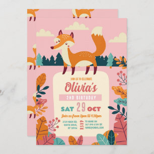 Invitation Renard Anniversaire Forêt Thème Woods Rose Girl