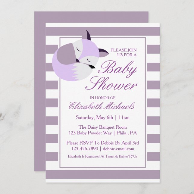 Invitation Renard Baby shower pourpre (Devant / Derrière)