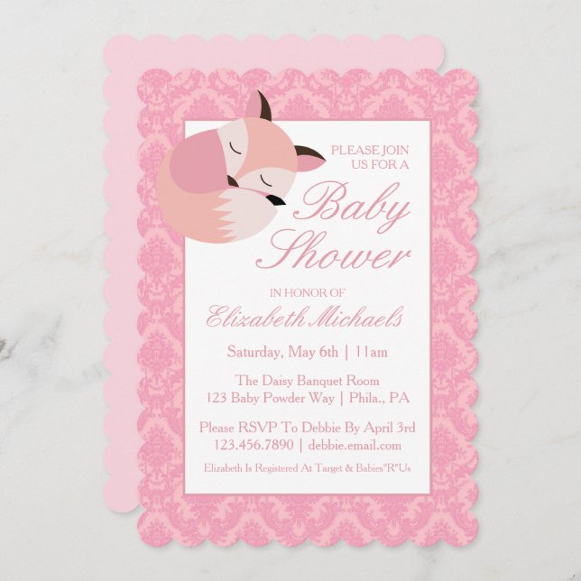Invitation Renard Baby shower rose (Devant / Derrière)