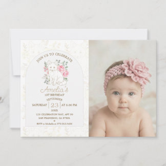 Invitation Renard Bébé 1er Anniversaire Or Ligne Art Neutre