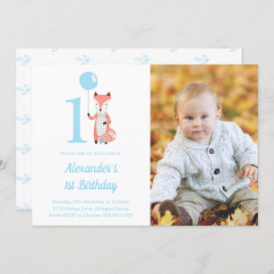 Invitation Renard blanc et ballon bleu 1er anniversaire photo