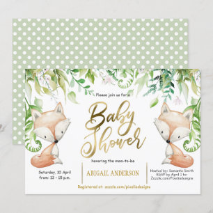 Invitation Renard boisé, Verdure, Faux Gold Baby Boy Douche